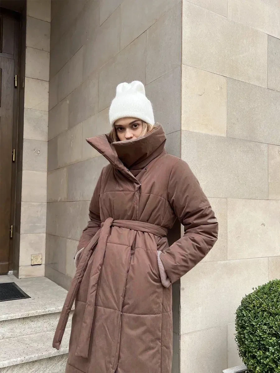 Fashionable Large Lapel, Lace-Up Design Women's Winter Warm Long Coat