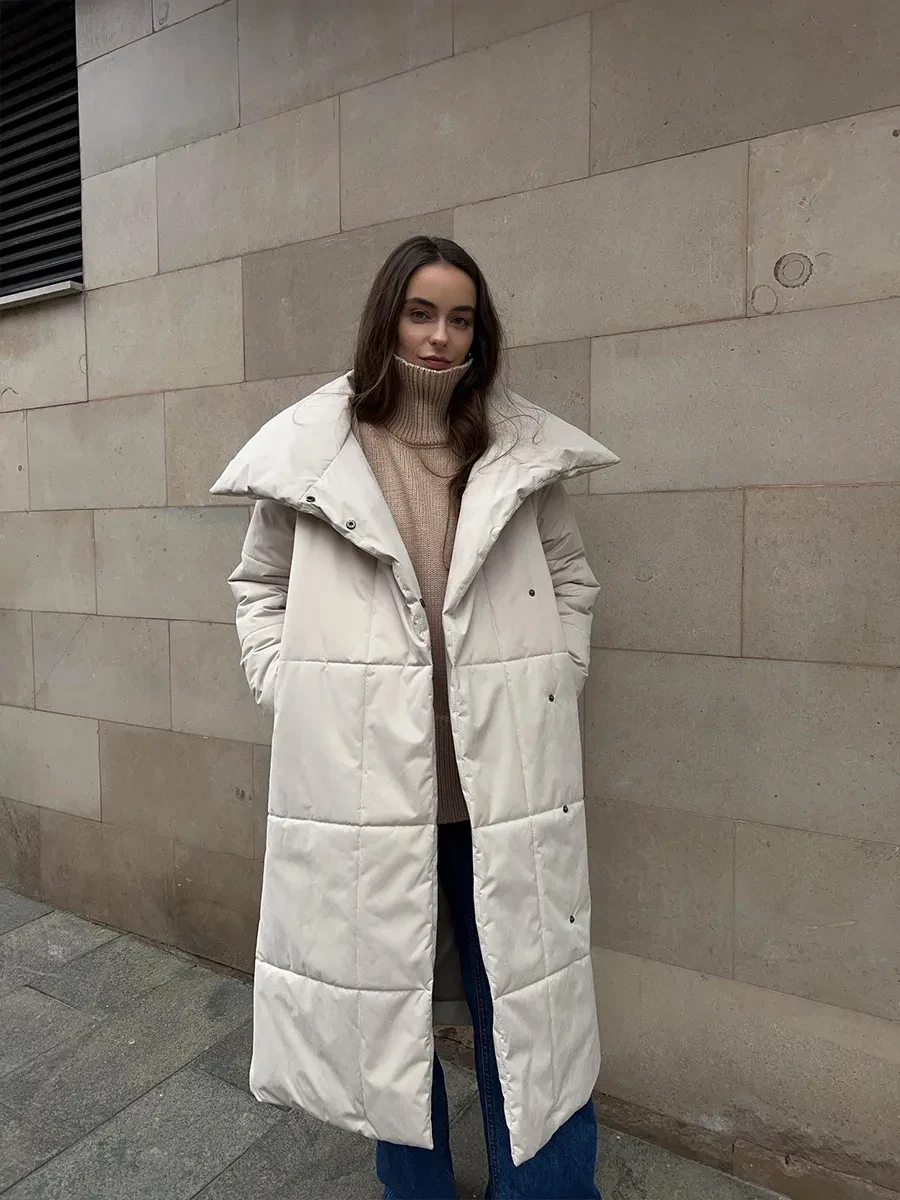Fashionable Large Lapel, Lace-Up Design Women's Winter Warm Long Coat
