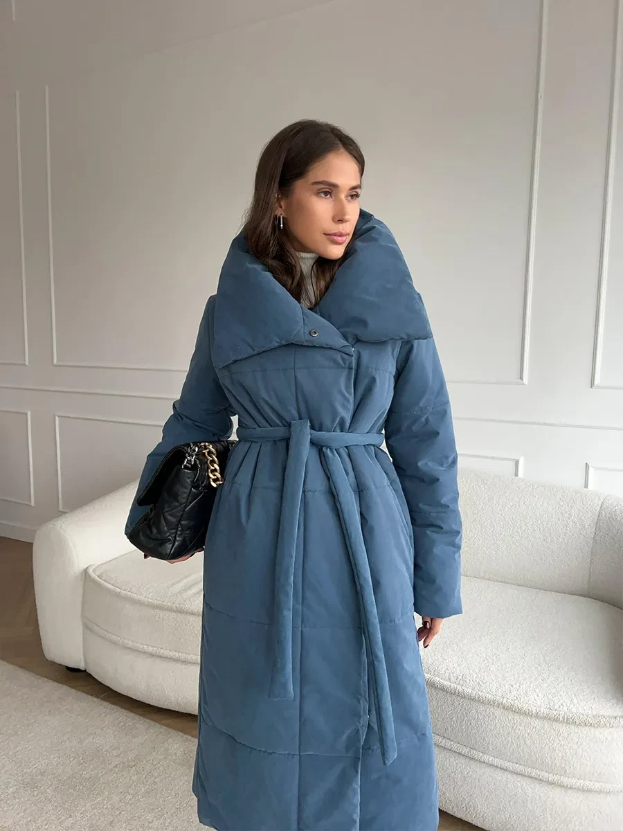 Fashionable Large Lapel, Lace-Up Design Women's Winter Warm Long Coat