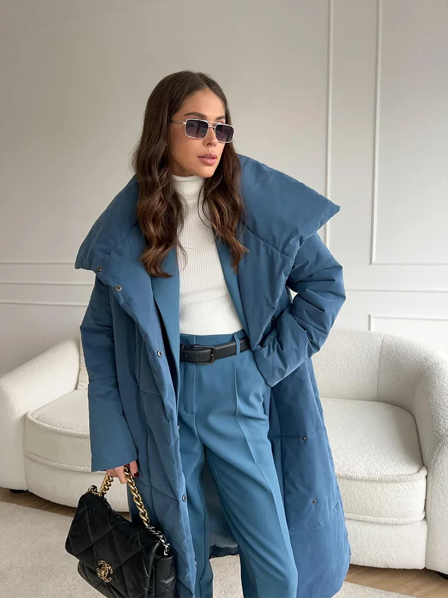 Fashionable Large Lapel, Lace-Up Design Women's Winter Warm Long Coat