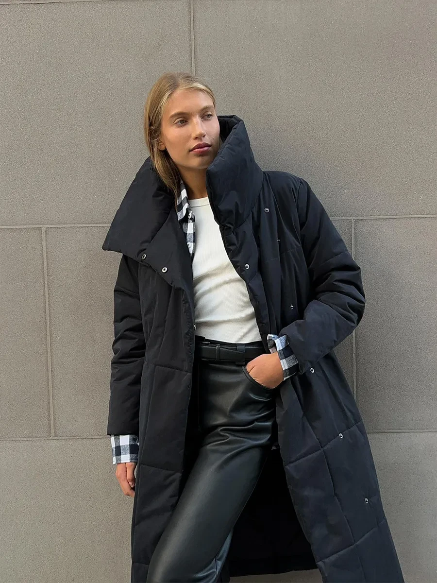 Fashionable Large Lapel, Lace-Up Design Women's Winter Warm Long Coat
