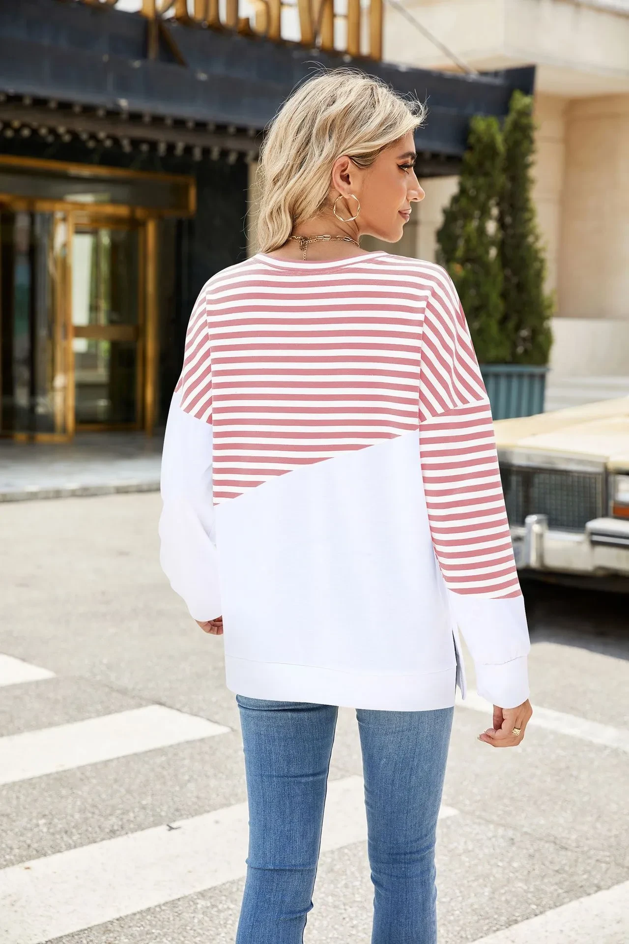 Striped Printed Long Sleeve T Shirt Fashion Casual Round Neck Pullover Split Design Women's Clothing