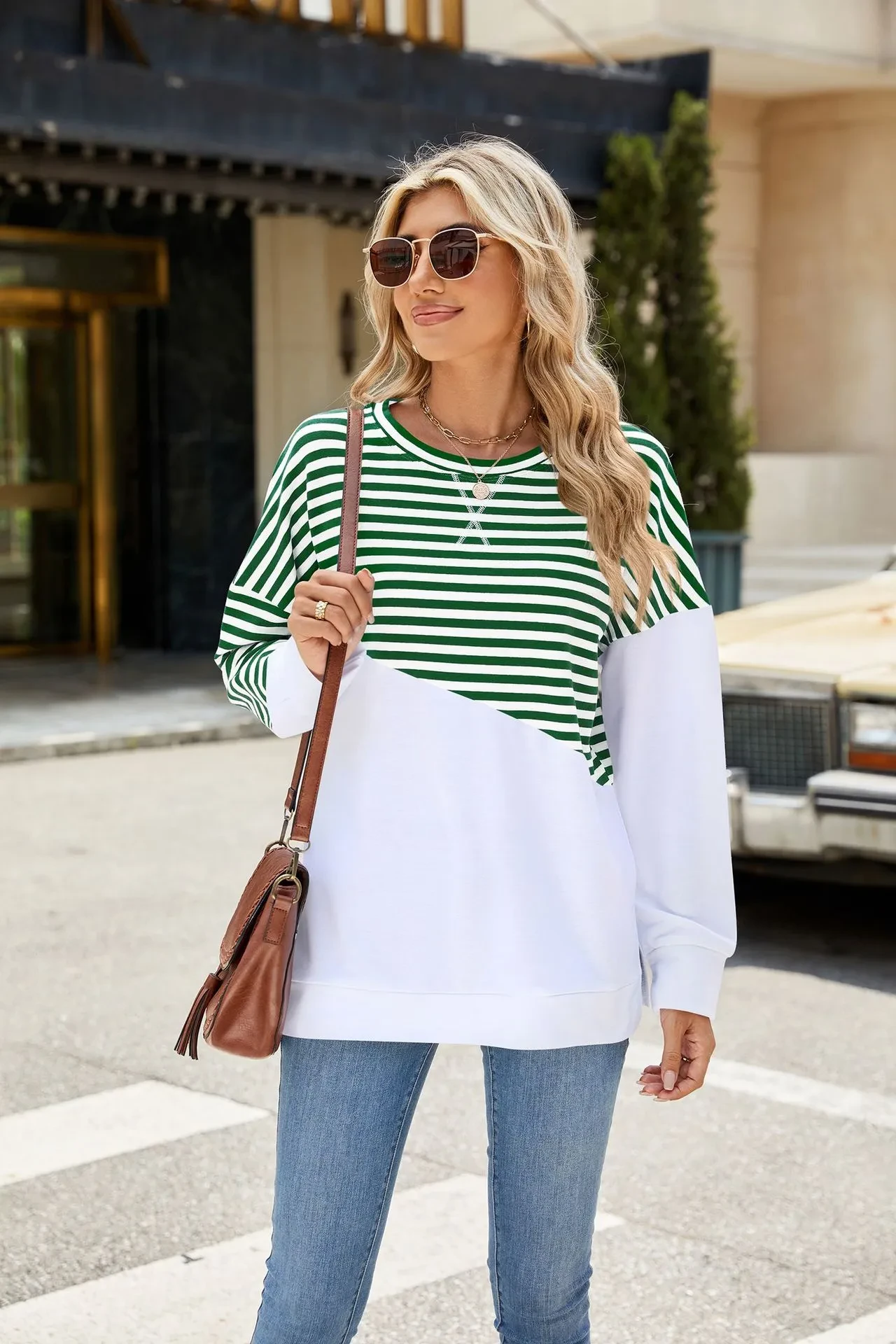 Striped Printed Long Sleeve T Shirt Fashion Casual Round Neck Pullover Split Design Women's Clothing