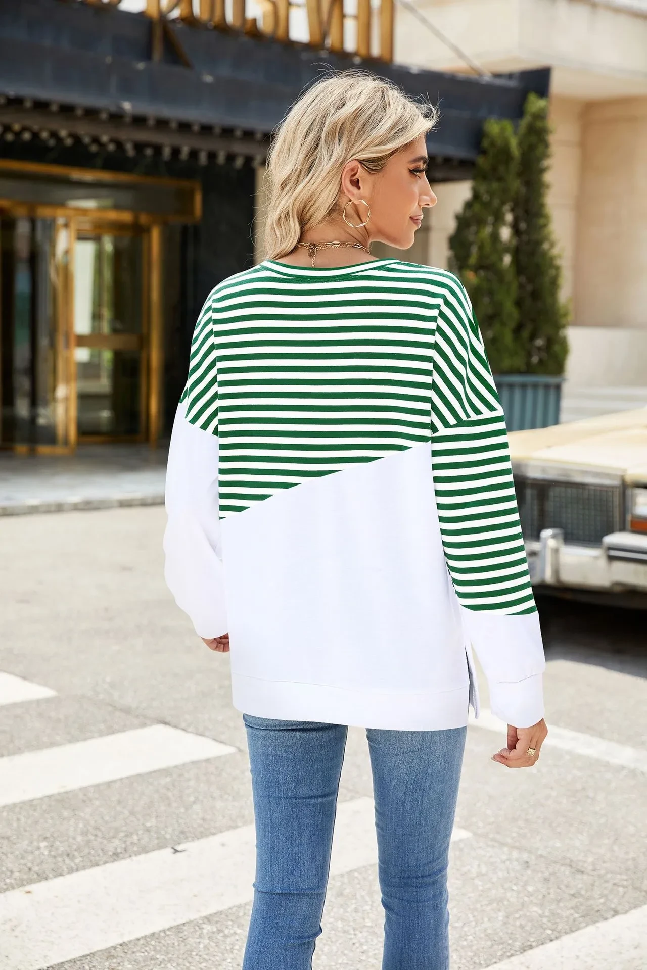 Striped Printed Long Sleeve T Shirt Fashion Casual Round Neck Pullover Split Design Women's Clothing