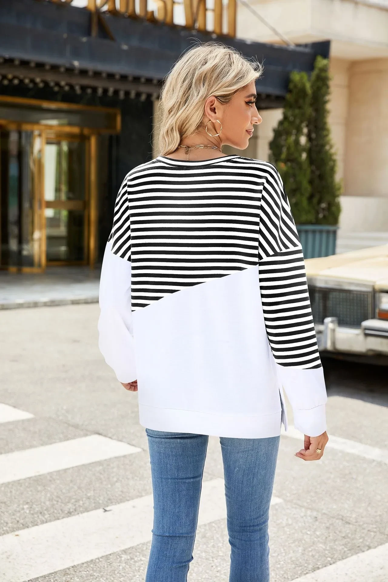 Striped Printed Long Sleeve T Shirt Fashion Casual Round Neck Pullover Split Design Women's Clothing