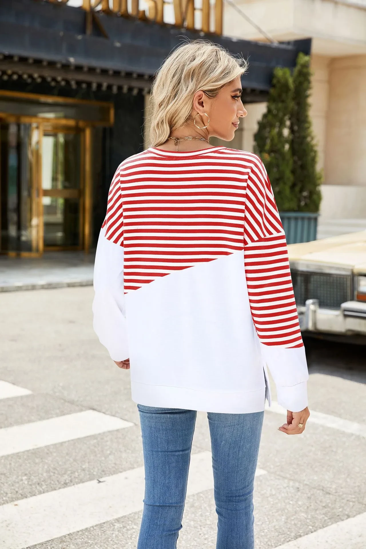 Striped Printed Long Sleeve T Shirt Fashion Casual Round Neck Pullover Split Design Women's Clothing