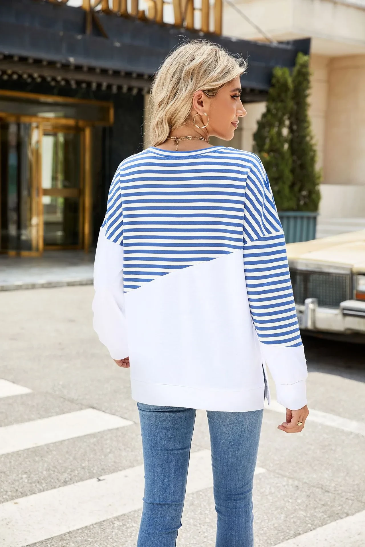 Striped Printed Long Sleeve T Shirt Fashion Casual Round Neck Pullover Split Design Women's Clothing