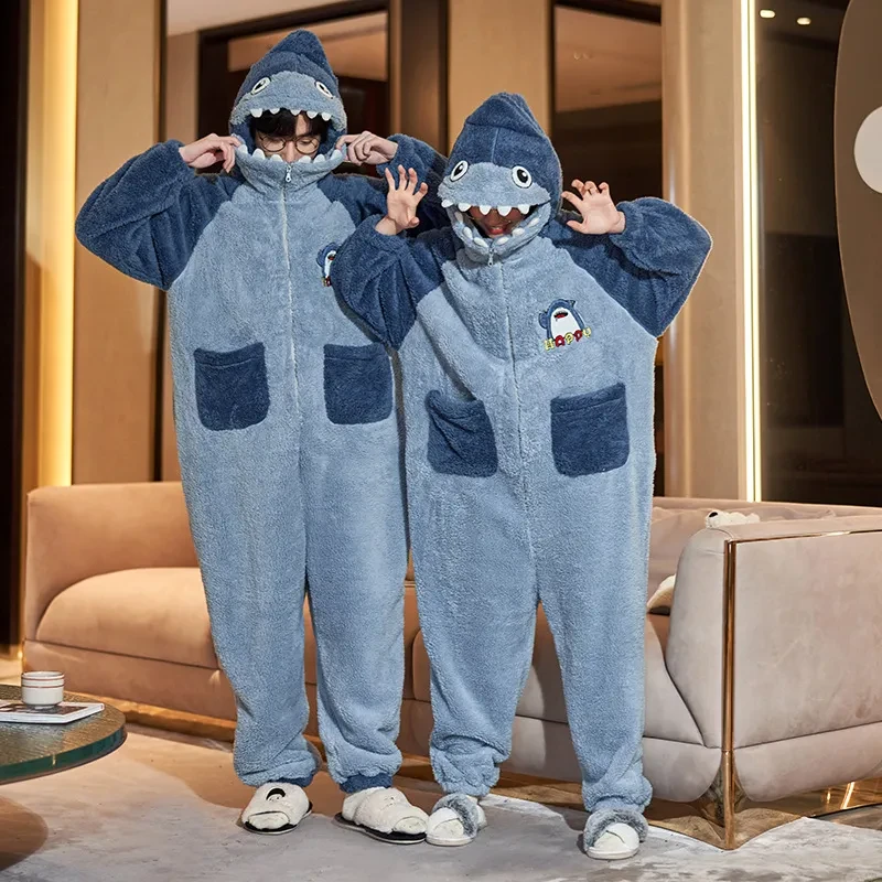 Cartoon Jumpsuit Homewear Couple One-piece Nightgown Coral Fleece Winter Thickened Plush Pajamas