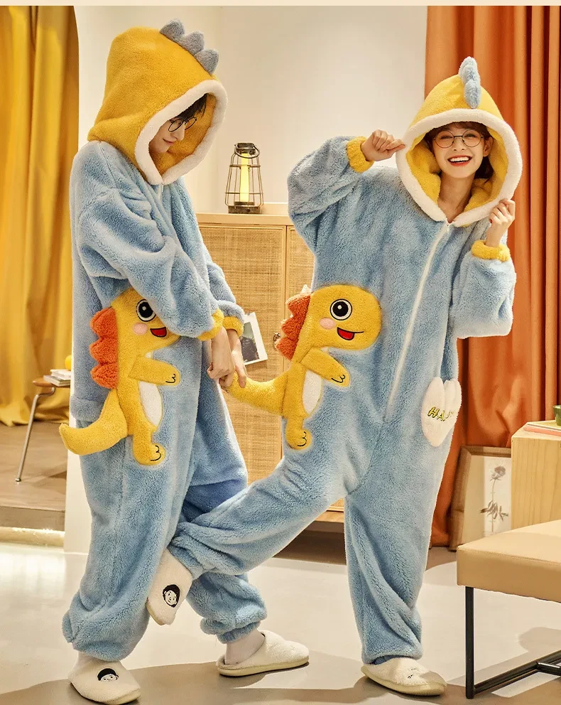 Cartoon Jumpsuit Homewear Couple One-piece Nightgown Coral Fleece Winter Thickened Plush Pajamas