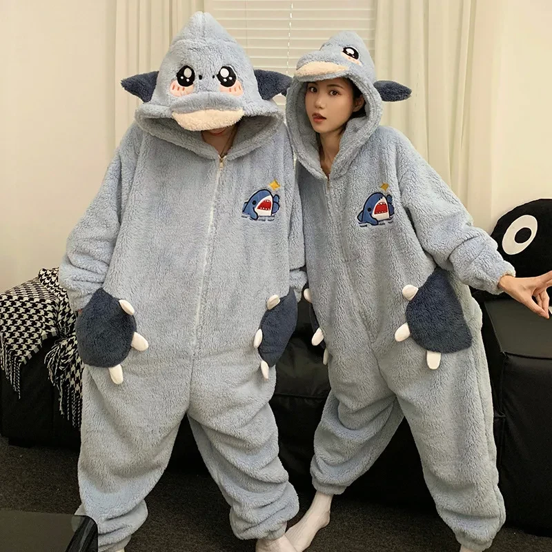 Cartoon Jumpsuit Homewear Couple One-piece Nightgown Coral Fleece Winter Thickened Plush Pajamas
