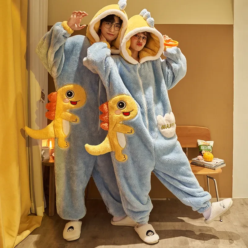 Cartoon Jumpsuit Homewear Couple One-piece Nightgown Coral Fleece Winter Thickened Plush Pajamas