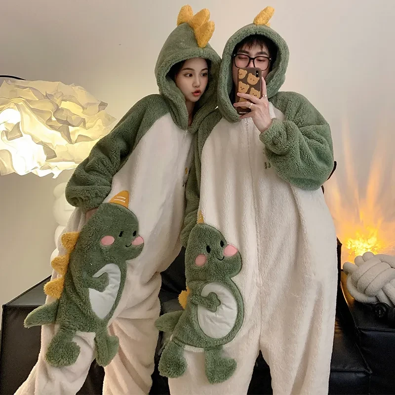 Cartoon Jumpsuit Homewear Couple One-piece Nightgown Coral Fleece Winter Thickened Plush Pajamas