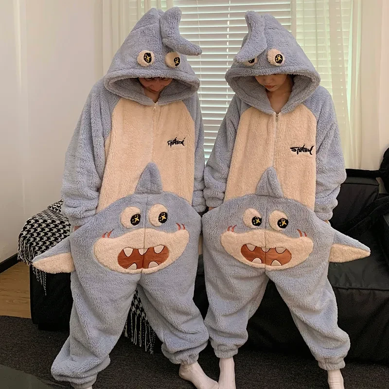 Cartoon Jumpsuit Homewear Couple One-piece Nightgown Coral Fleece Winter Thickened Plush Pajamas