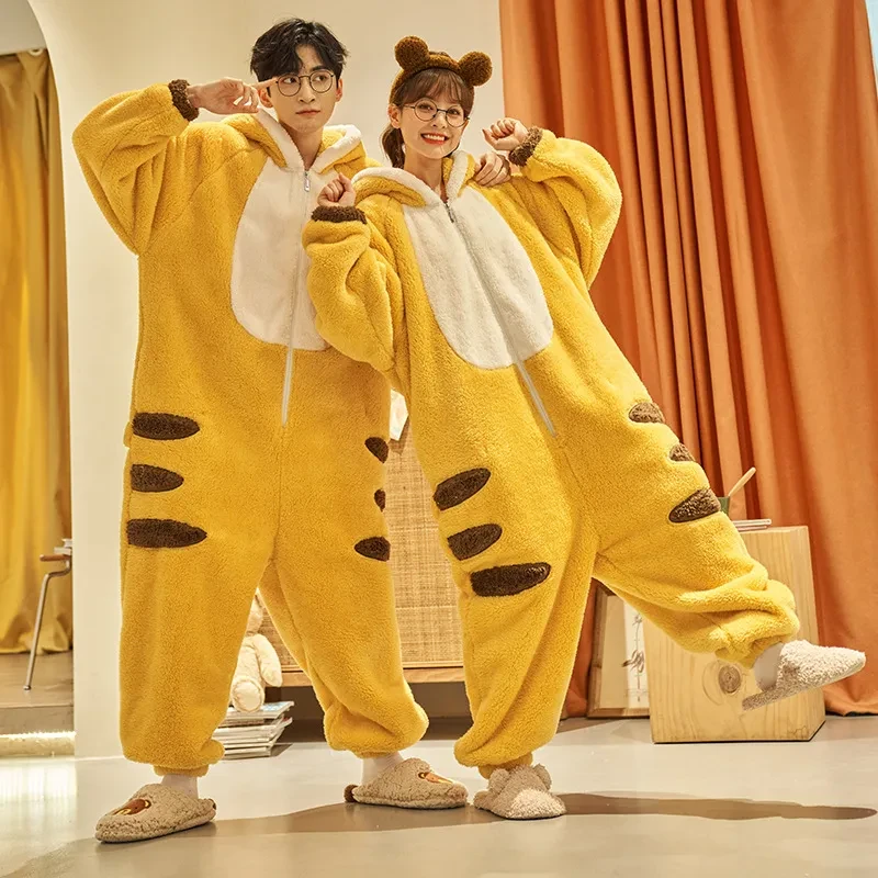 Cartoon Jumpsuit Homewear Couple One-piece Nightgown Coral Fleece Winter Thickened Plush Pajamas