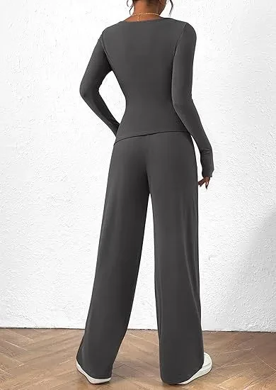 Asymmetrical Long-Sleeve T-Shirt & Wide-Leg Pants Casual Sportswear Set