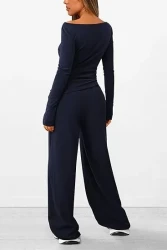 Asymmetrical Long-Sleeve T-Shirt & Wide-Leg Pants Casual Sportswear Set