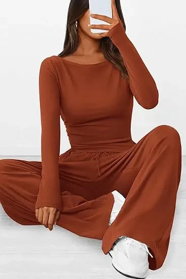 Asymmetrical Long-Sleeve T-Shirt & Wide-Leg Pants Casual Sportswear Set