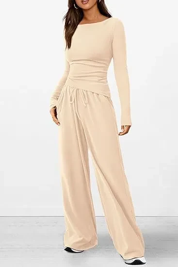 Asymmetrical Long-Sleeve T-Shirt & Wide-Leg Pants Casual Sportswear Set