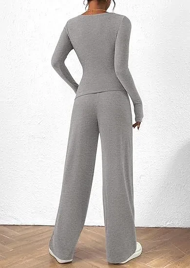 Asymmetrical Long-Sleeve T-Shirt & Wide-Leg Pants Casual Sportswear Set