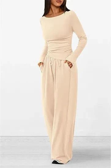 Asymmetrical Long-Sleeve T-Shirt & Wide-Leg Pants Casual Sportswear Set