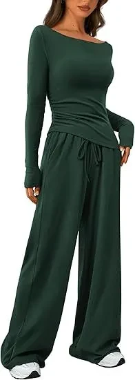 Asymmetrical Long-Sleeve T-Shirt & Wide-Leg Pants Casual Sportswear Set