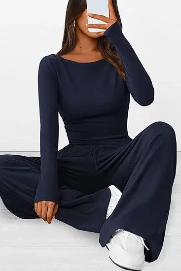 Asymmetrical Long-Sleeve T-Shirt & Wide-Leg Pants Casual Sportswear Set