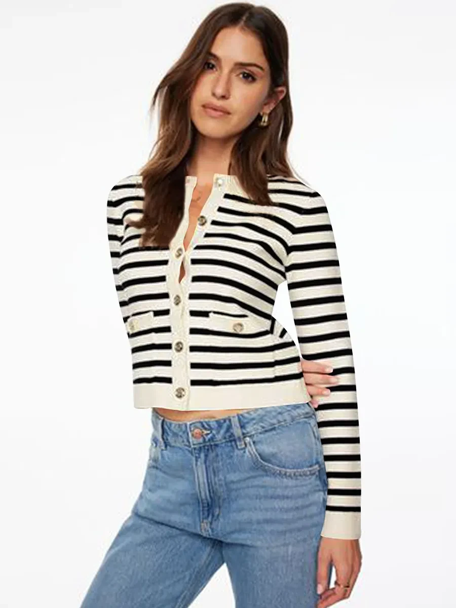 Casual Striped Long-Sleeve Button-Up Top For Women's