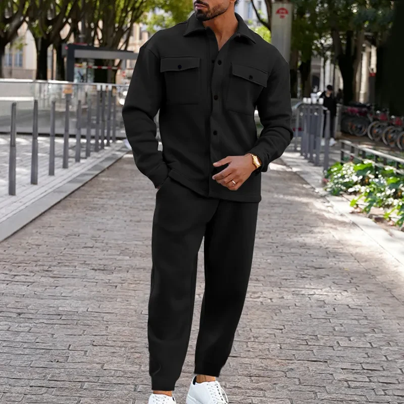 Suede Single-breasted Solid Color Slim Fit Two-piece Suit Men