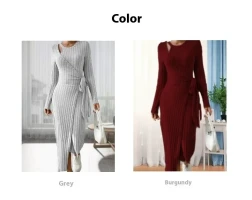 Women's Round Neck Striped Dress with Long Sleeves and Stylish Bow Detail