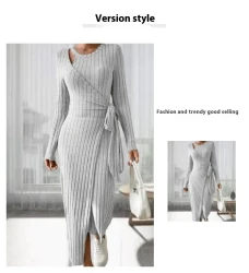 Women's Round Neck Striped Dress with Long Sleeves and Stylish Bow Detail