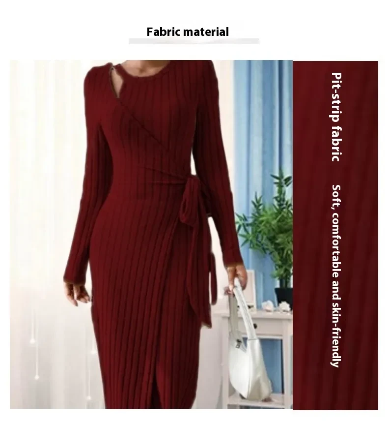 Women's Round Neck Striped Dress with Long Sleeves and Stylish Bow Detail