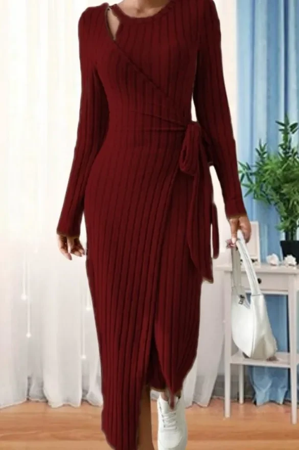 Women's Round Neck Striped Dress with Long Sleeves and Stylish Bow Detail