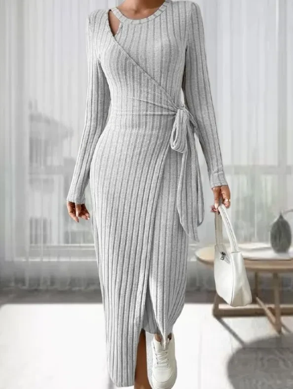 Women's Round Neck Striped Dress with Long Sleeves and Stylish Bow Detail