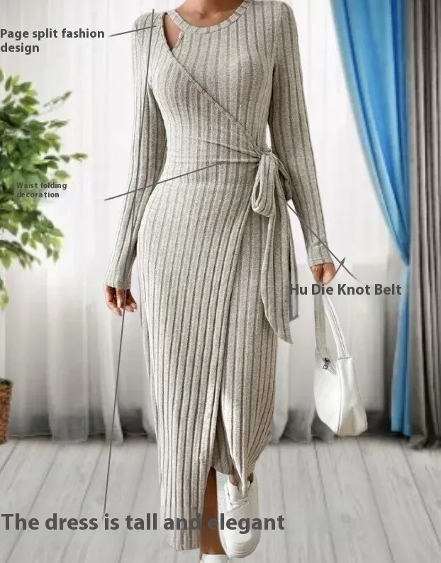 Women's Round Neck Striped Dress with Long Sleeves and Stylish Bow Detail