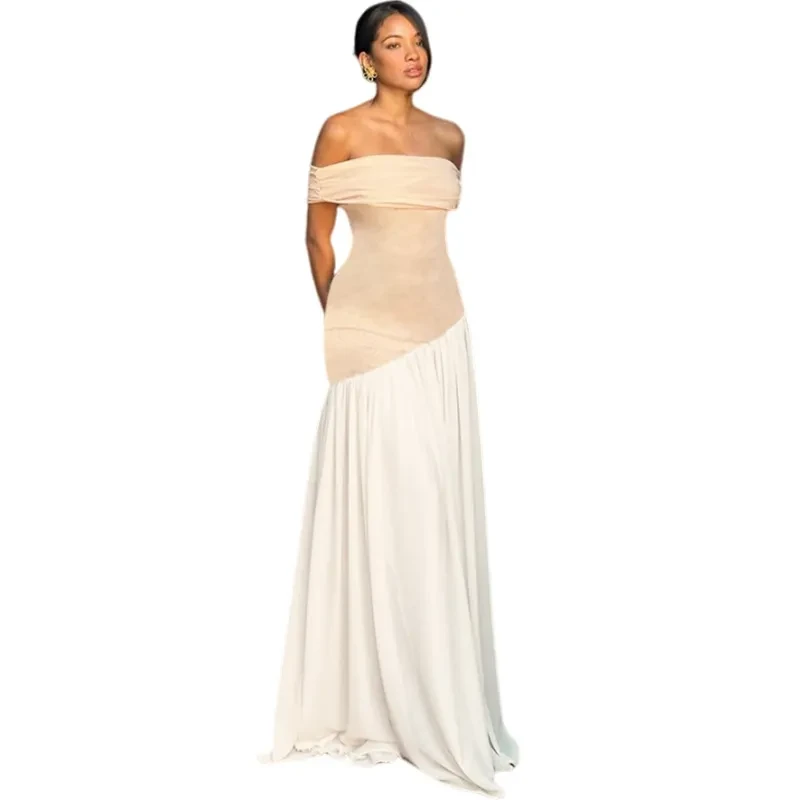 Women's Off-Shoulder Slim Fit Dress with Color Contrast Design