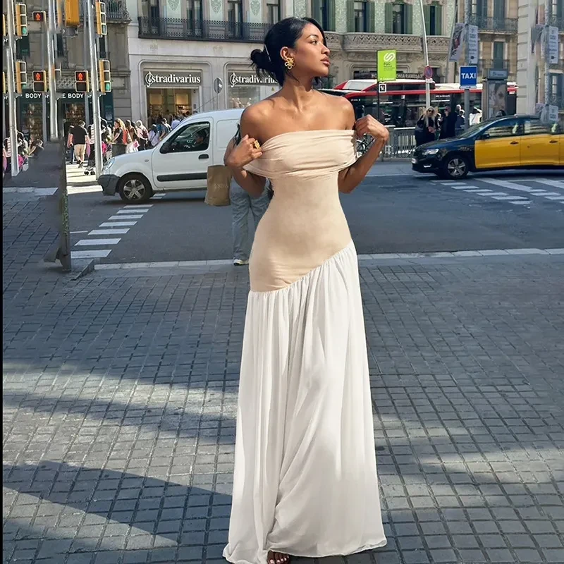 Women's Off-Shoulder Slim Fit Dress with Color Contrast Design