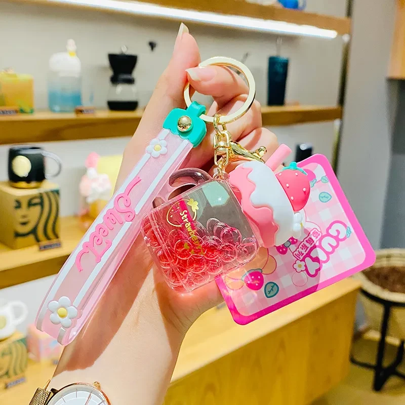 Creative Strawberry Cream Fruit Jar Girl Heart Keychain Automobile Hanging Ornament Exquisite