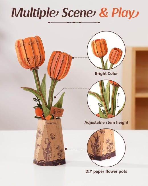 Rowood 3D Puzzle DIY Wooden Flower Artificial Flowers Model Kits To Build Craft Set For Adults Home Decor Valentine Day Gift Kit For Women Men Teens