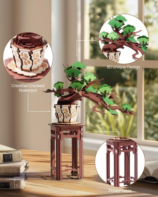 Rolife 3D Puzzle Artificial Flower Sakura Bonsai Wooden Puzzles For Adults DIY Toy Building Sets Construction Kits Build Your Own Aesthetic Home Decor Gifts For Women Men Teens