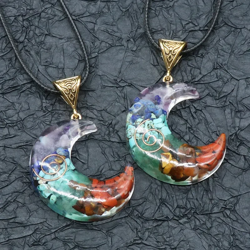 Colorful Gravel Resin Moon Pendant Necklace