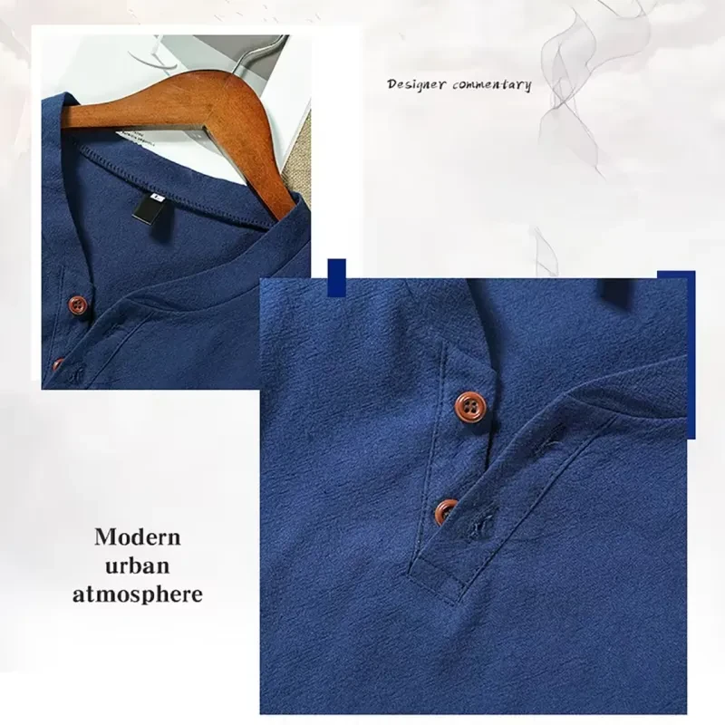 Cotton Linen Men's Long Sleeve V-neck Casual Beach Linen Shirt