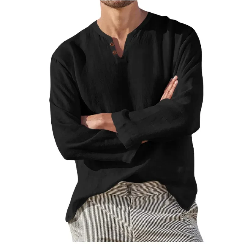 Cotton Linen Men's Long Sleeve V-neck Casual Beach Linen Shirt