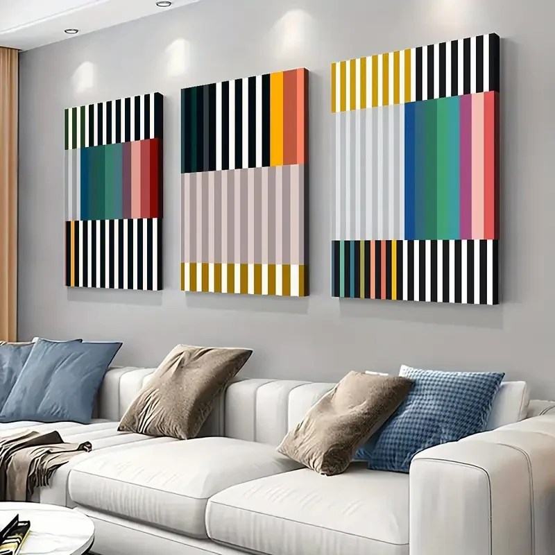 3-Piece Abstract Geometric Canvas Art Print Set  Modern & Art Deco Style, Ink on Canvas, Wrap Canvas Frames for Home Office, Living Room, Bedroom, Bathroom, Dining Room - Vertical Orientation
