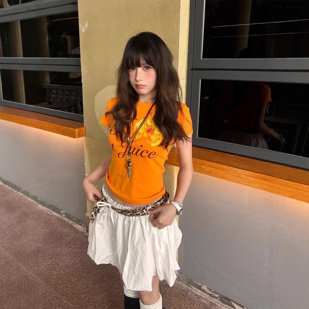 All-matching Summer Orange Printed Short Sleeve