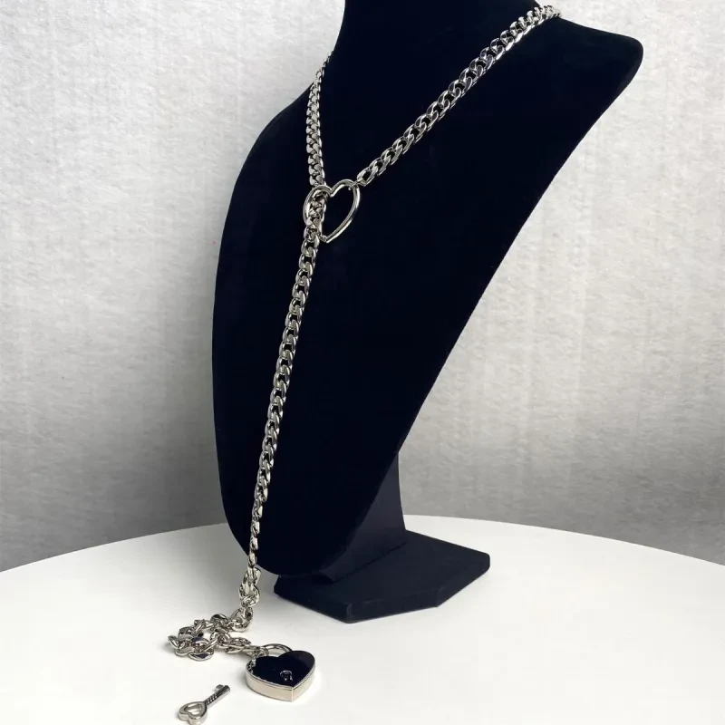 Slip Chain Necklace Heart O-Ring  Adjustable Heart Shaped Lock Core With Key