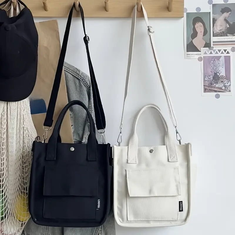 Black Canvas Tote Bag with Pockets