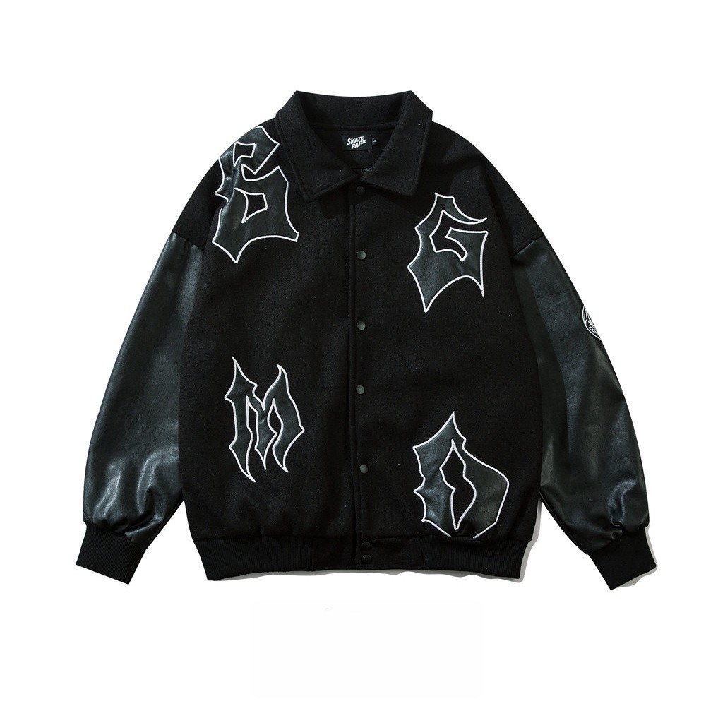 Men's Embroidered Letters PU Leather Sleeve Stitching Baseball Uniform