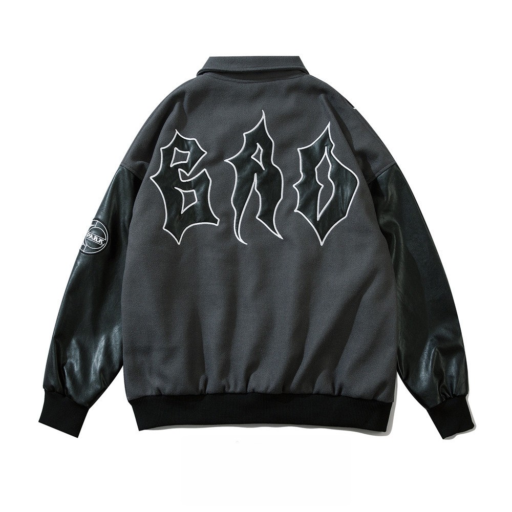 Men's Embroidered Letters PU Leather Sleeve Stitching Baseball Uniform