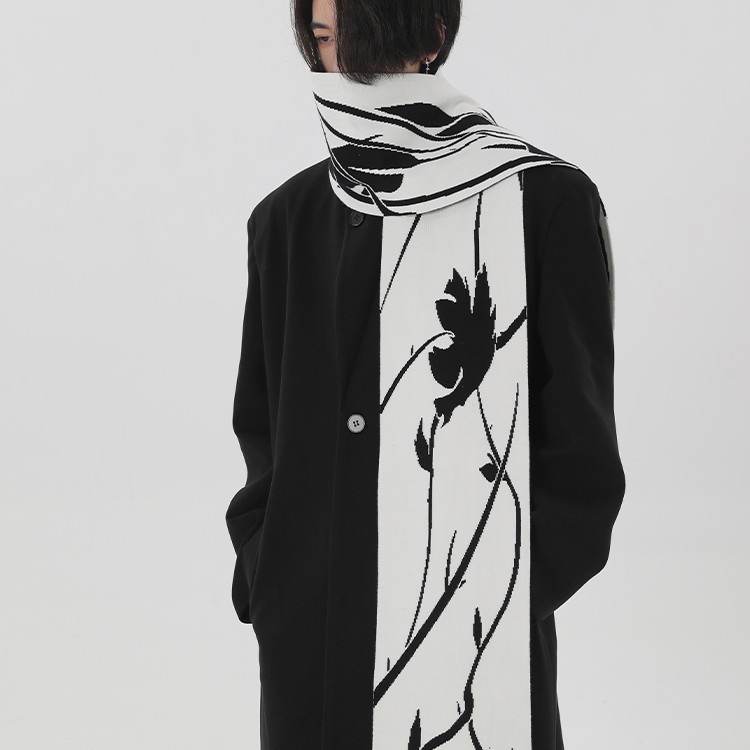 Original Hand-painted Black And White Thorn Rose Winter Neck Warmer Dehaired Angora Couple Scarf