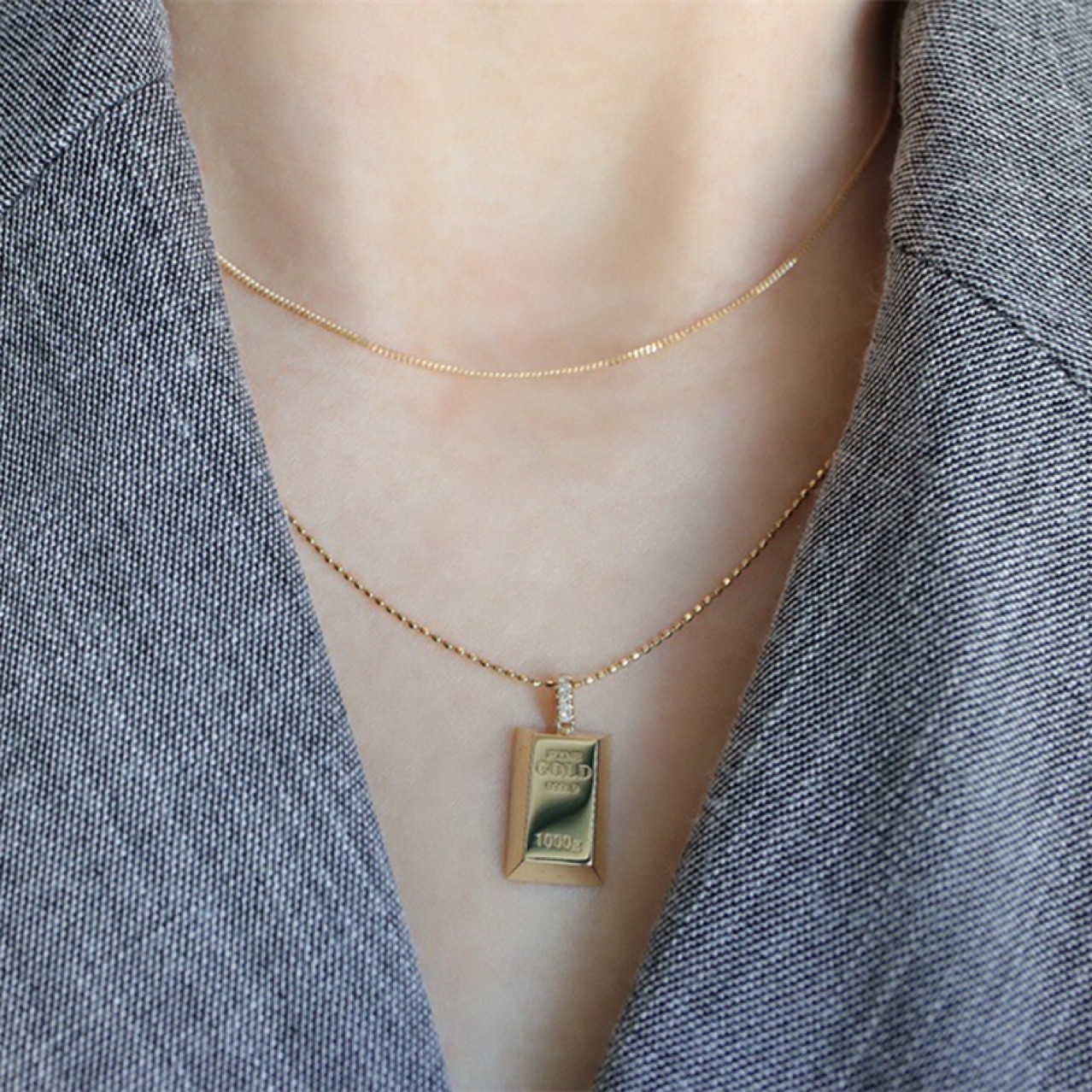Au750 Gold Gold Bar Natural Diamond Pendant Necklace